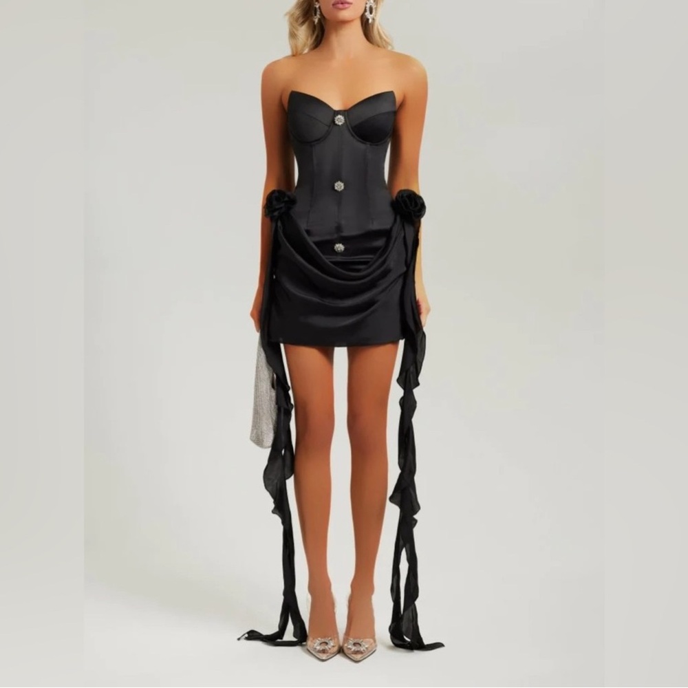 BLACK CRYSTAL SATIN DRAPE FLOWER MINI DRESS SIZE M
